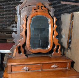 Antique 19th C. Walnut Dresser & Attached Mirror, Carved Pulls