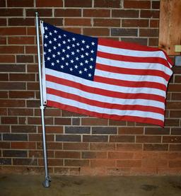 Like New USA Made American 50 Embroidered Star 34 x 60” Cloth Flag; 70” Aluminum Pole w/ Wall Mount