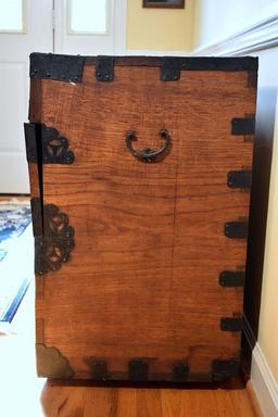 Antique Oak Trunk w/ Cut Iron Strapwork, Swastika Design (Pre-Nazi Indo-Aryan Good Luck Symbol