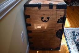 Antique Oak Trunk w/ Cut Iron Strapwork, Swastika Design (Pre-Nazi Indo-Aryan Good Luck Symbol