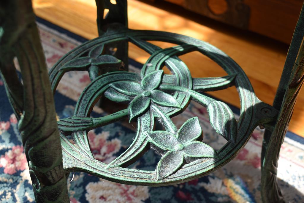 Green Patinated Metal Plant Stand w/ Glass Potpourri Bowl & Shelf