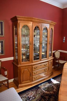 Light Stained Oak 3-Section China Cabinet By Sumter Cabinet Co., Lighted, Mirrored Back