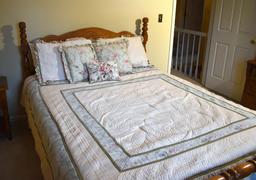 Oak Wood Queen Size Bed w/ Clean Lightly Used Mattress / Springs & Bedding