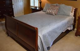 Cherry Queen Size Sleigh Bed w/ Clean Lightly Used Mattress/Springs & Bedding