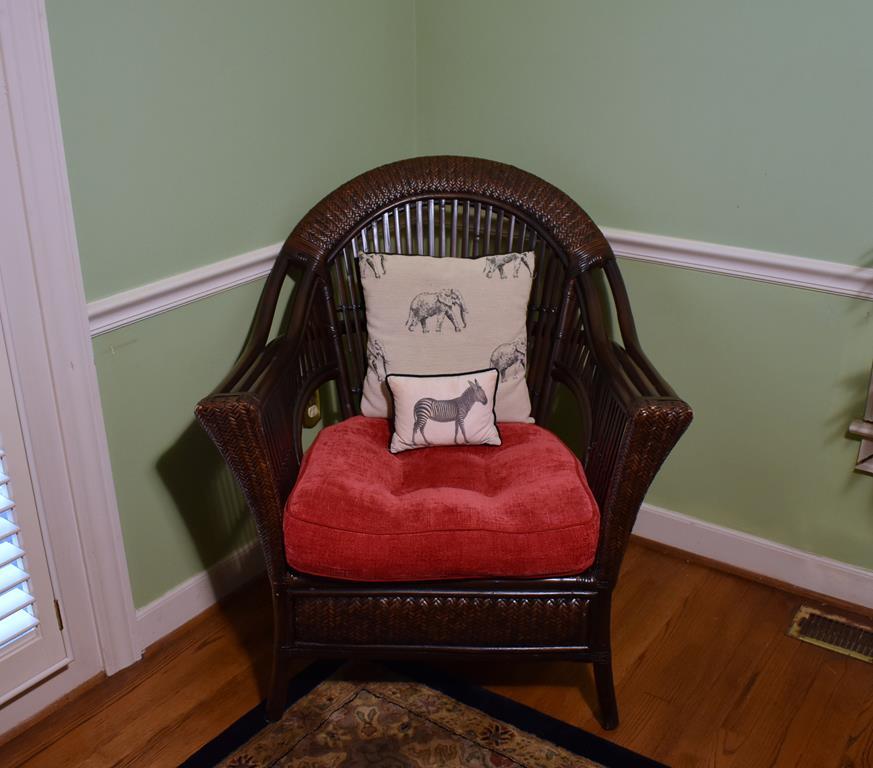 Rattan Wicker Chair, Red Seat Cushion, Two African Theme Pillows