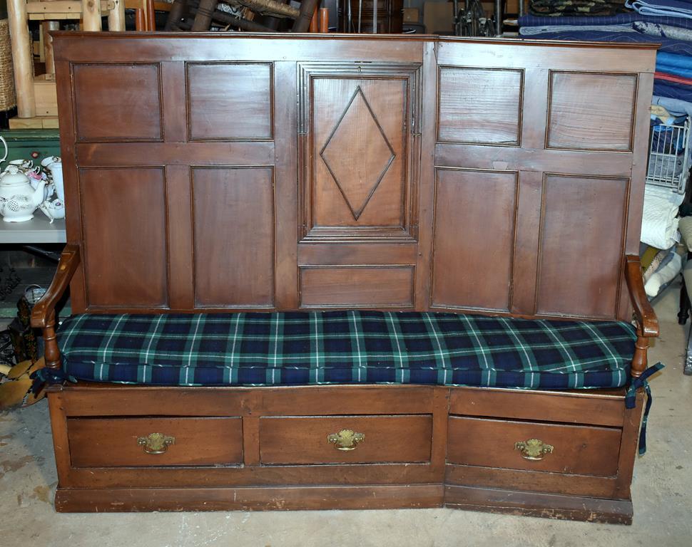 Antique 19th C. English Pub Bench with Lamont Tartan Upholstered Seat Cushion