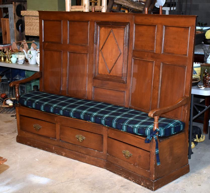 Antique 19th C. English Pub Bench with Lamont Tartan Upholstered Seat Cushion