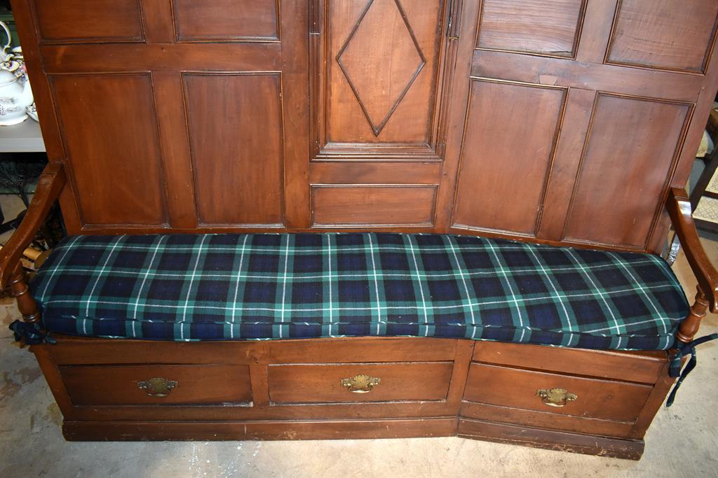 Antique 19th C. English Pub Bench with Lamont Tartan Upholstered Seat Cushion