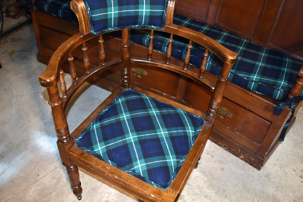 Antique 19th C. English Pub Oak Corner Chair with Lamont Tartan Upholstery