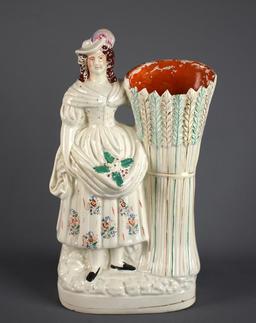 Antique (C. 1840) Staffordshire Pearlware Flatback 14” Figural Vase, “Peasant Girl With Wheat Sheaf"