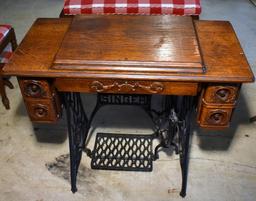 Antique Oak Singer Sewing Machine Cabinet Table & Antique Treadle Machine