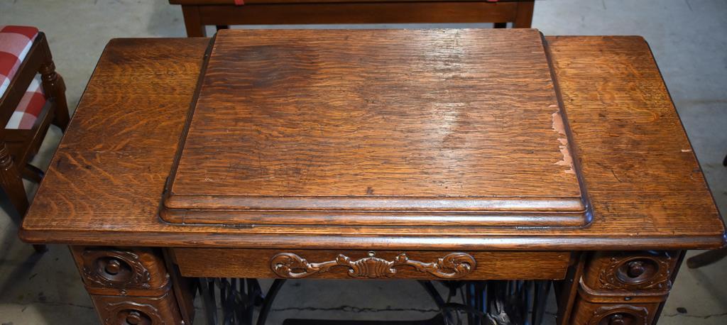 Antique Oak Singer Sewing Machine Cabinet Table & Antique Treadle Machine