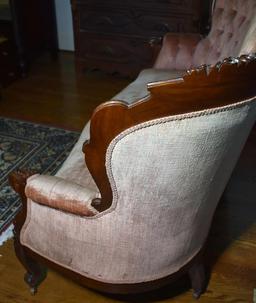 Antique Victorian Revival Style Button Tufted Velvet Carved Mahogany Sofa / Settee