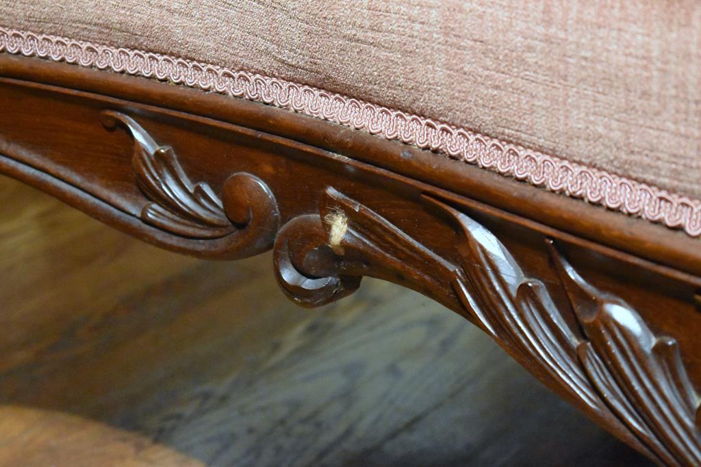 Antique Victorian Revival Style Button Tufted Velvet Carved Mahogany Sofa / Settee