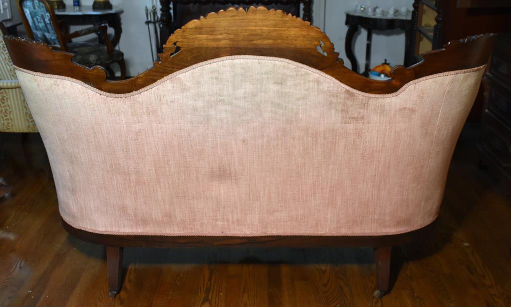 Antique Victorian Revival Style Button Tufted Velvet Carved Mahogany Sofa / Settee