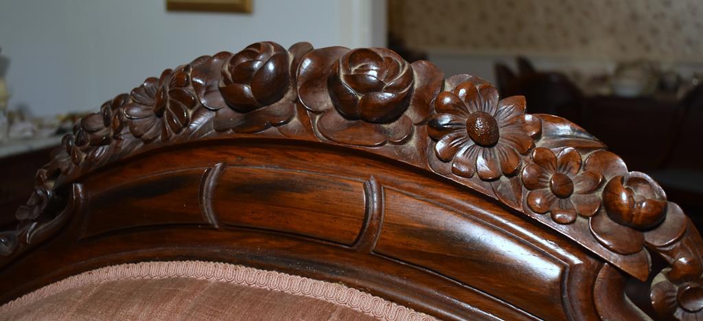 Antique Victorian Revival Style Button Tufted Velvet Carved Mahogany Sofa / Settee