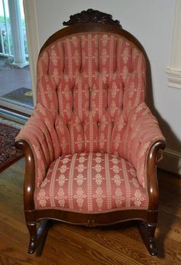 Antique Victorian Button Tufted Carved Mahogany Rocker