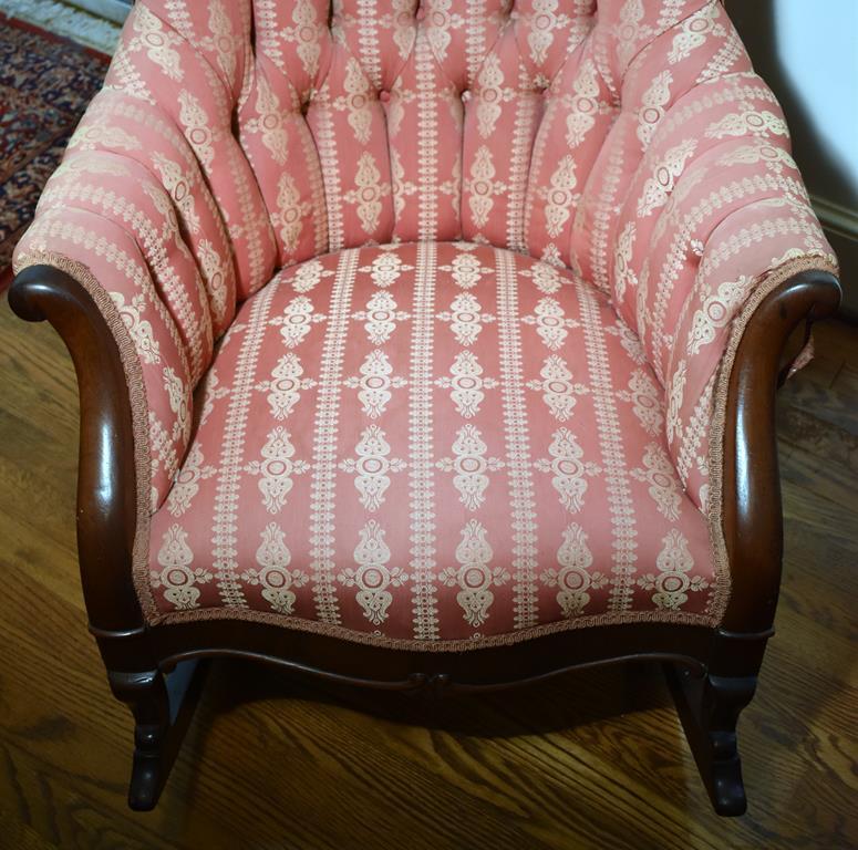 Antique Victorian Button Tufted Carved Mahogany Rocker