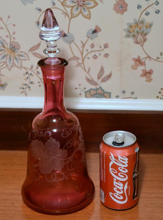 Fine Vintage Cranberry Etched Glass Decanter Bottle