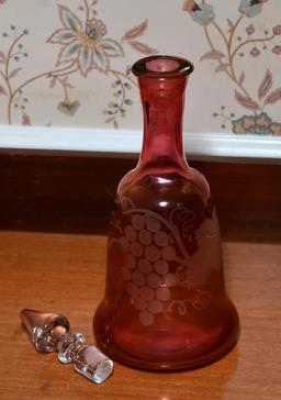 Fine Vintage Cranberry Etched Glass Decanter Bottle