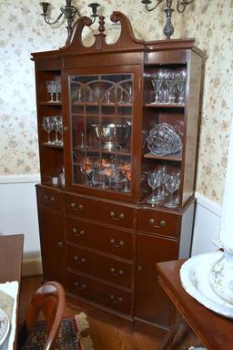 Vintage Federal Style Mahogany China Cabinet w/ Mullioned Glass Doors & Drop Front Butler's Drawer