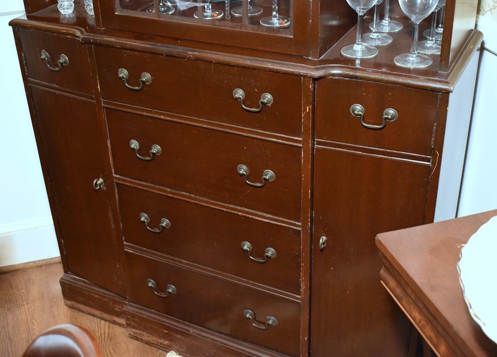 Vintage Federal Style Mahogany China Cabinet w/ Mullioned Glass Doors & Drop Front Butler's Drawer