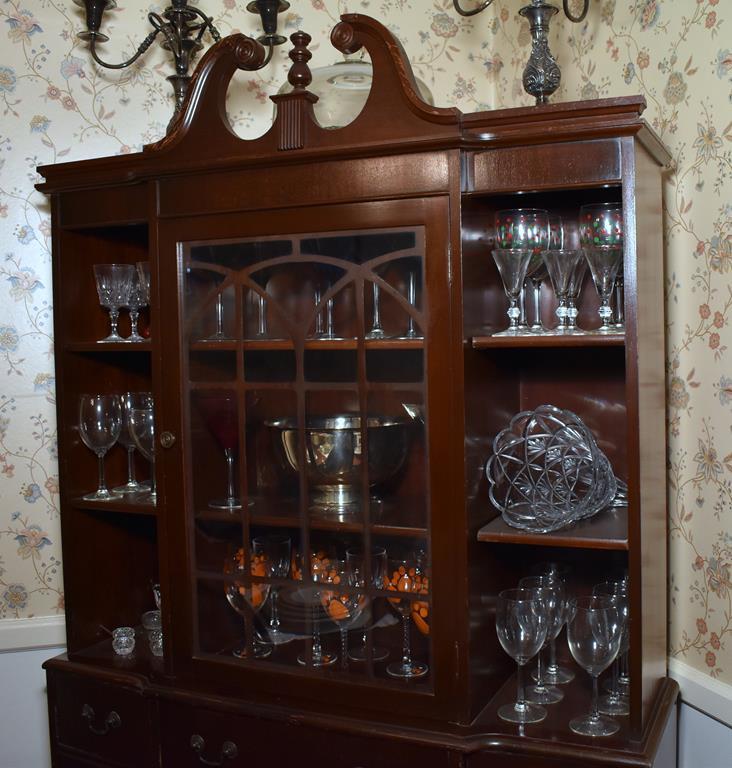 Vintage Federal Style Mahogany China Cabinet w/ Mullioned Glass Doors & Drop Front Butler's Drawer