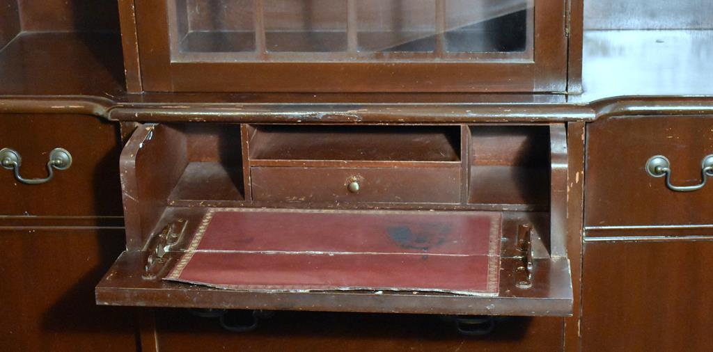 Vintage Federal Style Mahogany China Cabinet w/ Mullioned Glass Doors & Drop Front Butler's Drawer