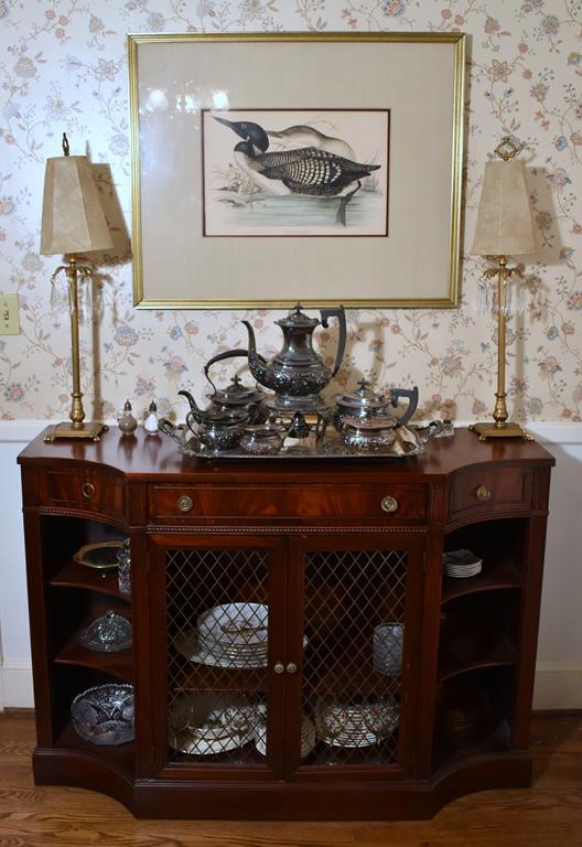 Vintage Federal Style Mahogany Sideboard w/ Flame Mahogany Drawer Fronts, Lattice Doors