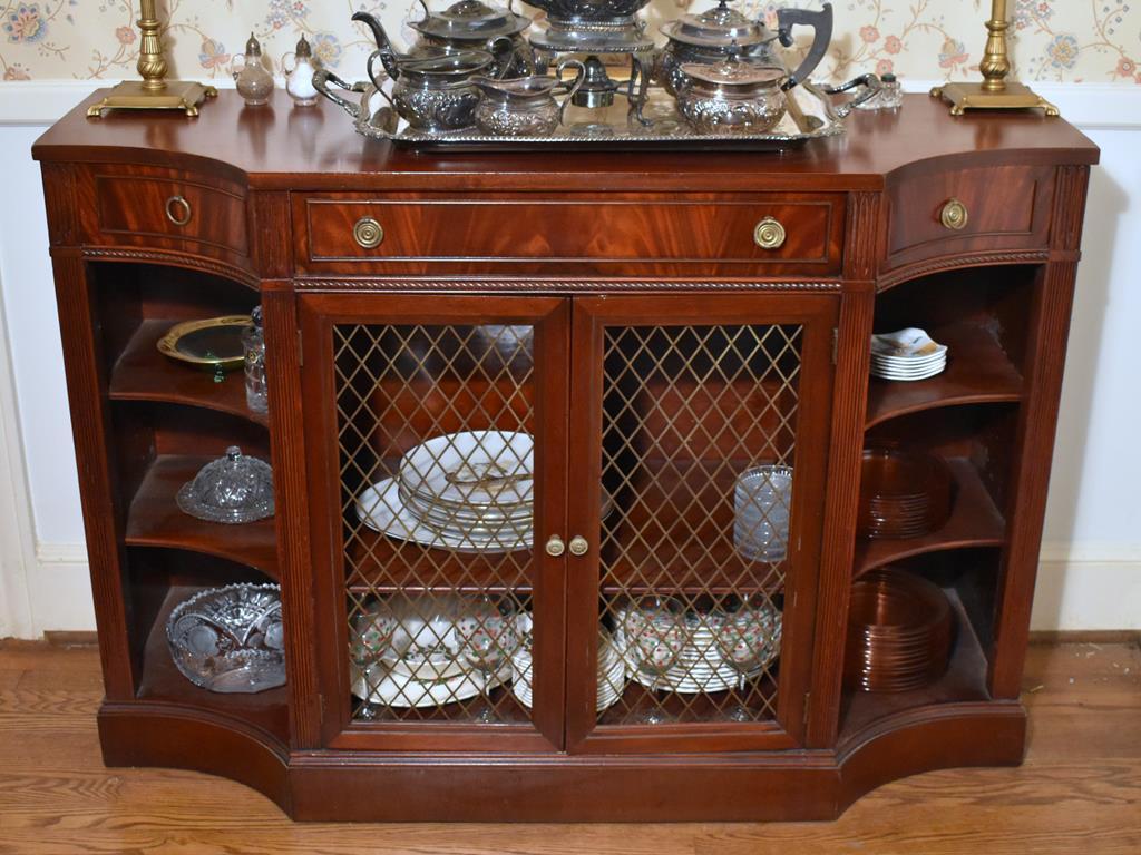 Vintage Federal Style Mahogany Sideboard w/ Flame Mahogany Drawer Fronts, Lattice Doors