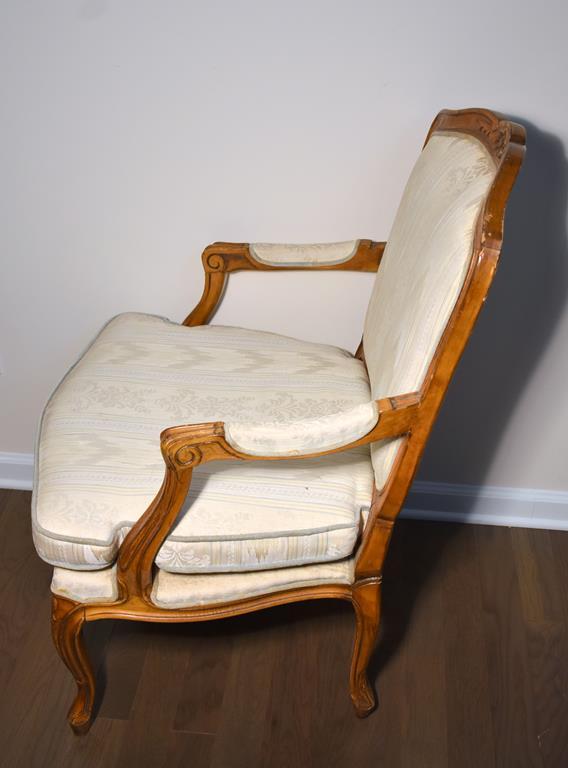 Vintage Upholstered Cherry Arm Chair w/ Carved Floral Accents