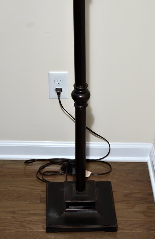 Contemporary Torchiere Floor Lamp w/Scroll Accents & Frosted/Marbled Glass Shade