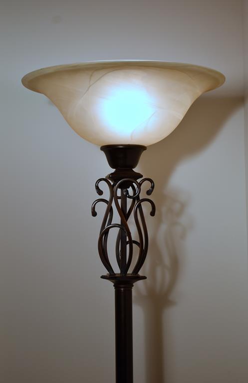 Contemporary Torchiere Floor Lamp w/Scroll Accents & Frosted/Marbled Glass Shade