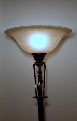 Contemporary Torchiere Floor Lamp w/Scroll Accents & Frosted/Marbled Glass Shade