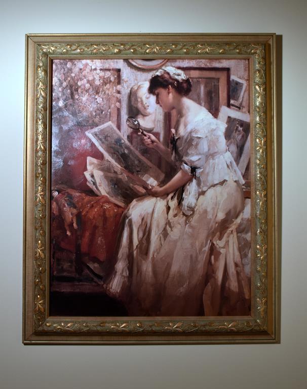 Framed Decorator Canvas Art Print, Woman Examining Art, Antiqued Gold Frame