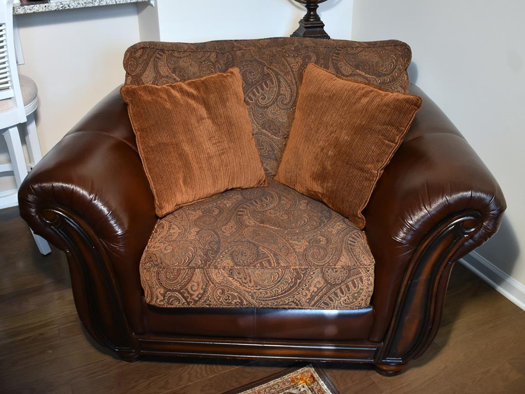 Bonded Leather & Tapestry Oversized Arm Chair w/ Wood Accents, 2 Pillows (Lots 2-6 Are a Suite)