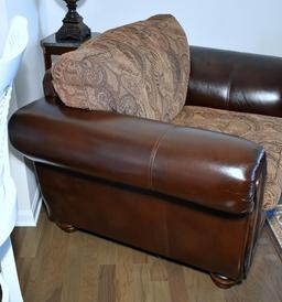 Bonded Leather & Tapestry Oversized Arm Chair w/ Wood Accents, 2 Pillows (Lots 2-6 Are a Suite)