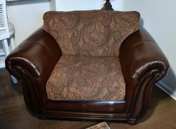 Bonded Leather & Tapestry Oversized Arm Chair w/ Wood Accents, 2 Pillows (Lots 2-6 Are a Suite)