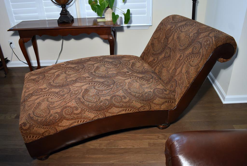 Tapestry & Bonded Leather Chaise Lounge, 2 Pillows (Lots 2-6 Are a Suite)