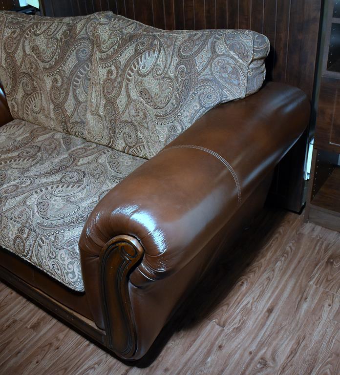 Bonded Leather & Tapestry Love Seat w/ Wood Accents, 2 Pillows (Lots 2-6 Are a Suite)