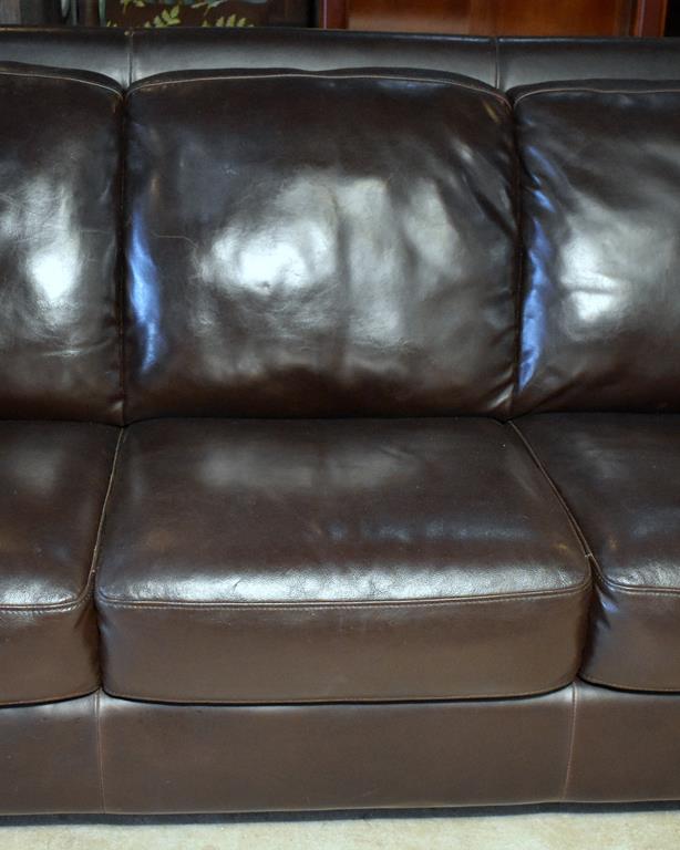 Contemporary Dark Coffee Brown Leather Sofa, 4 Coordinating Down-Filled Pillows