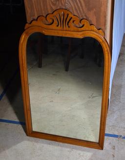 Vintage Wooden Frame Wall Mirror, Scroll Top Detail