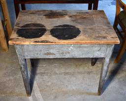 Antique Primitive Pine Work Table, Distressed Grey Paint on Base