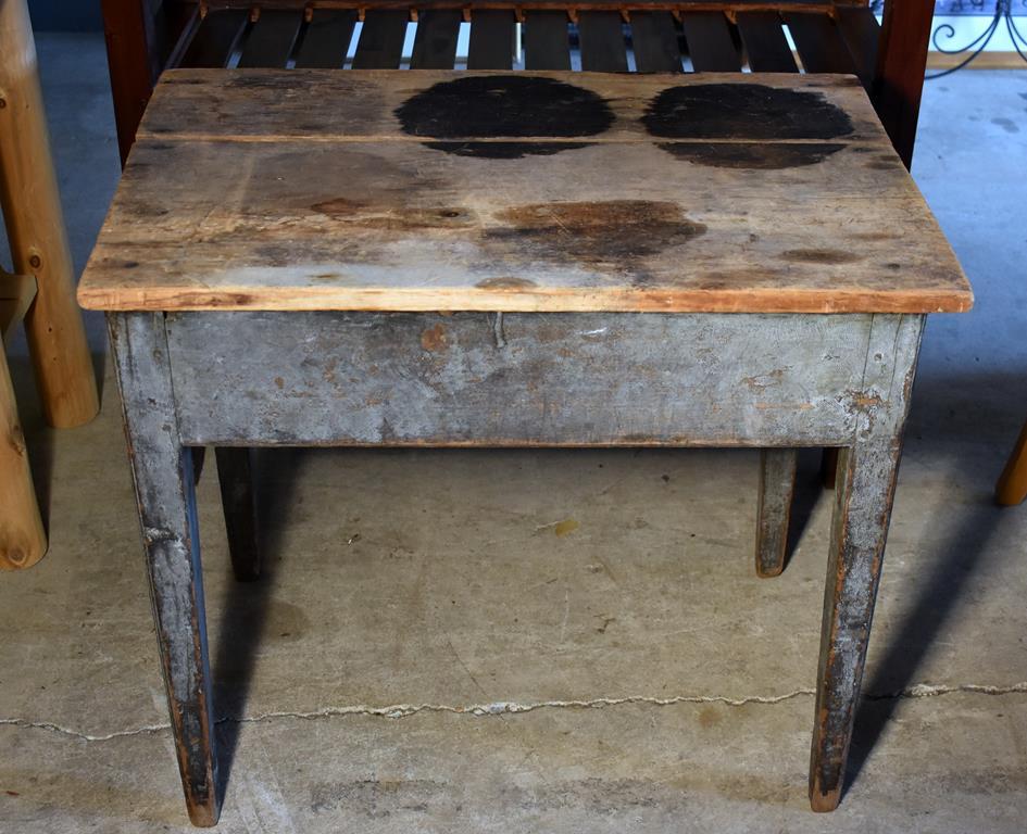 Antique Primitive Pine Work Table, Distressed Grey Paint on Base