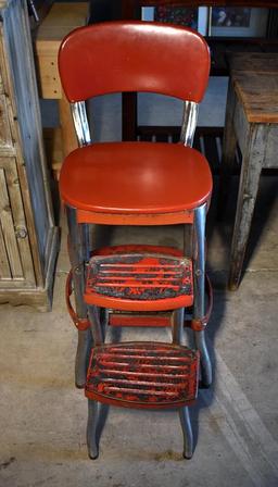 Vintage Red Cosco Step Stool Kitchen Chair, Original Paint, Padded Seat & Back
