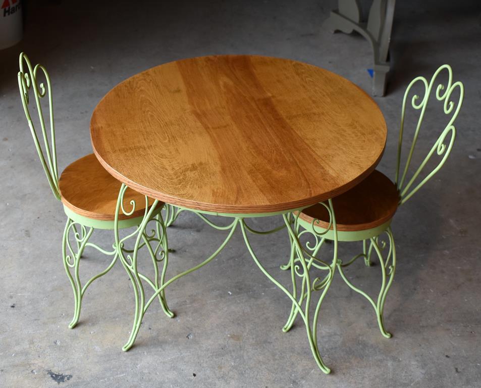 Child's Cafe Table and Two Chairs Set, Wood / Green Painted Wrought Iron