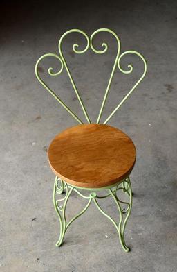 Child's Cafe Table and Two Chairs Set, Wood / Green Painted Wrought Iron