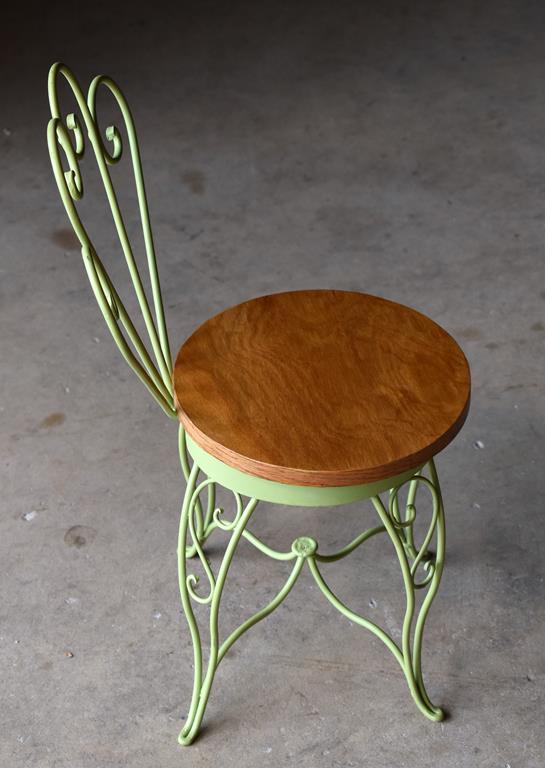 Child's Cafe Table and Two Chairs Set, Wood / Green Painted Wrought Iron