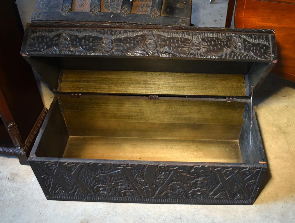 Vintage Black Handcrafted Haitian Trunk with Glass Cover