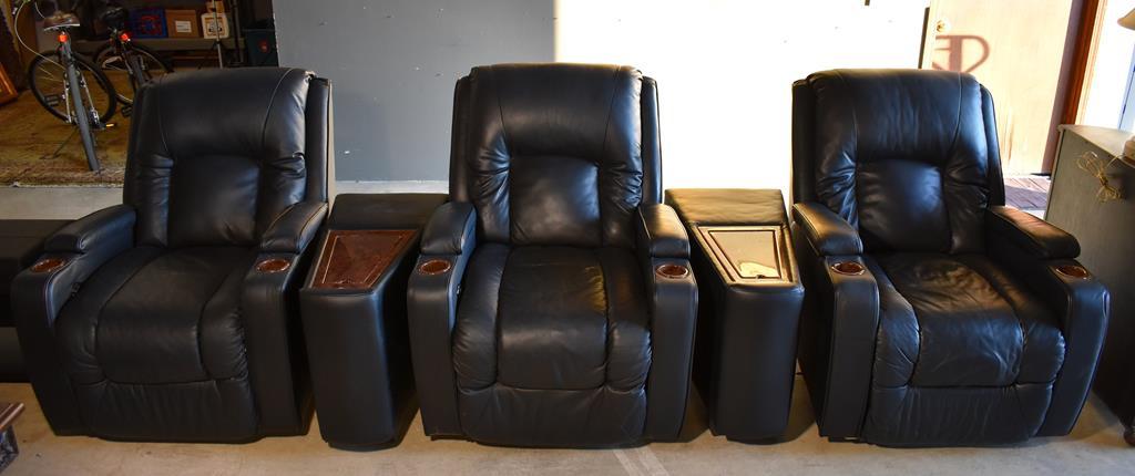 Set of 3 Okin Black Bonded Leather Power Recliner Theater Seats with 2 Middle Consoles